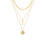 Close-up of Keira K's Cross and Karma Layered Necklace featuring three elegant gold chains with a small cross and karma circle pendant, beautifully displayed on a crisp white background.