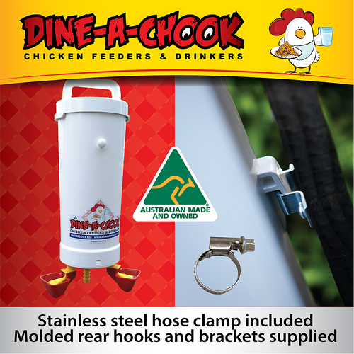 Don't visit the hardware store. Dine a Chook's Automatic Chicken Drinker comes with a top quality stainless steel hose clamp and a customised mounting kit!  Don't visit the hardware store. Dine a Chook's Automatic Chicken Drinker comes with a top quality stainless steel hose clamp and a customised mounting kit!