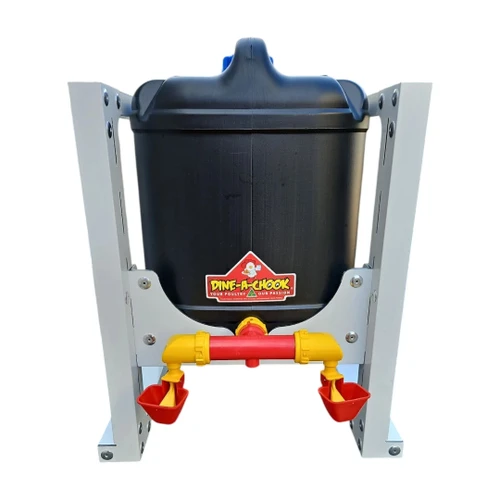 Dine-A-Chook 20L drum drinker with twin Lubing cups on the height-adjustable composite stand