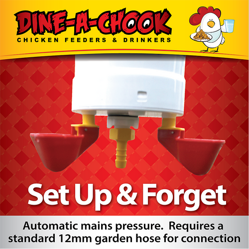 Set up and forget Mains Pressure system. Commercial inlet valve and twin Lubing Drinker Cups, suitable for 8 chickens.