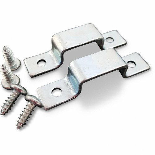Two steel mounting brackets and four screws, supplied with every Dine-A-Chook feeder and 4L drinker