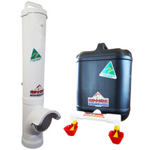 Large Chicken Feeder and Drinker Kit. 4.7 L Chicken Feeder and 20 L Drum Drinker with Twin Drinker Cups. Australian-made, quality products. Contaminant-free, UV-treated plastic. Reduce the work of keeping backyard chickens wherever you are - Dunedin, Auckland, Nelson, Christchurch! Registered shipping to NZ daily.