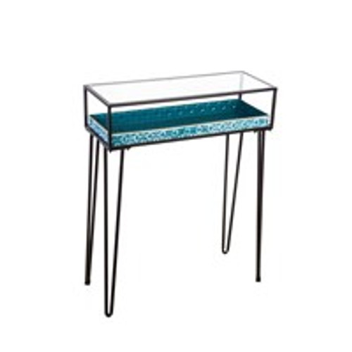  Metal Table with Glass Top and Teal Metal Planter (1-072523101)