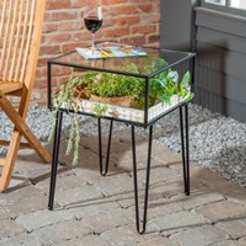  Metal Table with Glass Top and Gold Metal Planter