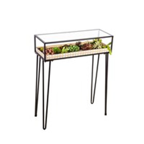  Metal Table with Glass Top and Gold Metal Planter (1-072523103)