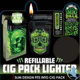 Smokezilla Refillable Cigarette Pack Lighter Glow In The Dark - Assorted Design - Display of 12 [25284]