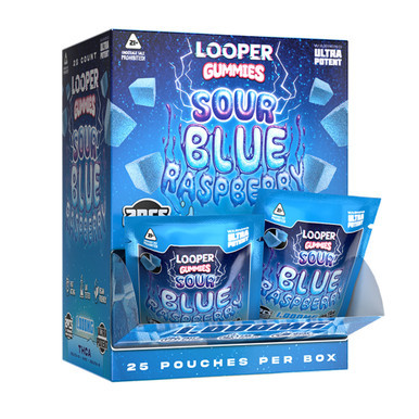 Looper Delta-9 + HHC + Delta-8 + THCA Gummies 1000MG - 2ct Pouch - Display of 25 Pouches - Sour Blue Raspberry