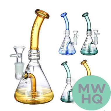 Dragon Glass Water Pipe Bent Neck Ribbed Pyramid Base Design With Tire Perc - 175 Grams - 8 Inches - Assorted Colors [DGE-090] (MSRP $52.00)