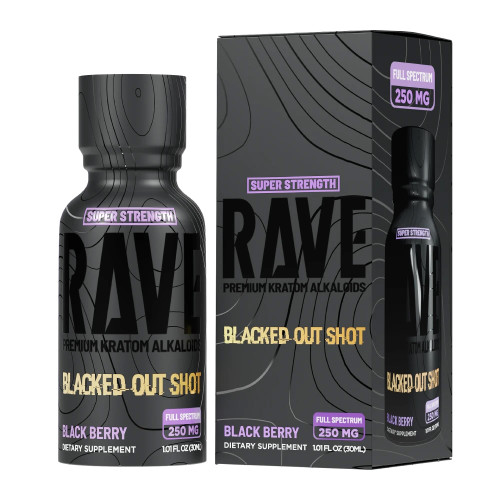 Rave Kratom Blacked Out Full Spectrum Shot 250MG 30ML - Display of 12 - Black Berry