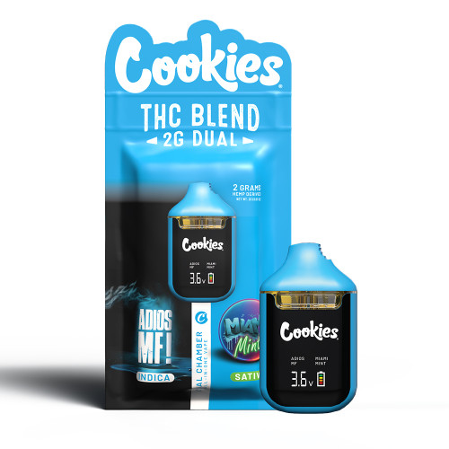 Cookies All-In-One Blend D8 + CBD + THC-B + THC-P Dual Chamber Disposable Vape 2G - Display of 5 - Adios MF (Indica)/Miami Mint (Sativa)
