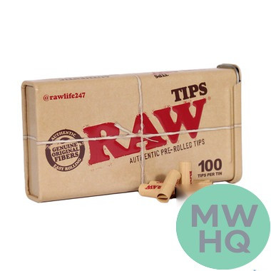 RAW Tips - Natural Slow Burning Pre-Rolled Tips - Display of 6 Tins / 100 Tips Per Tin