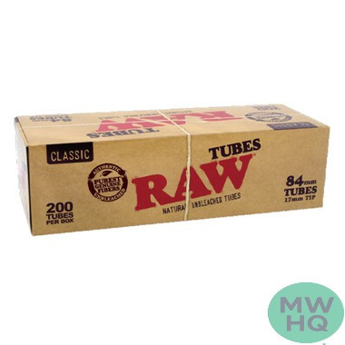 RAW Natural Slow Burning Classic Tubes - 84mm Tube - 17mm Tip - Display of 200