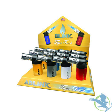 Blink Tiger 4 Adjustable Flame Butane Gas Torch Lighter - Assorted Colors - Display of 12