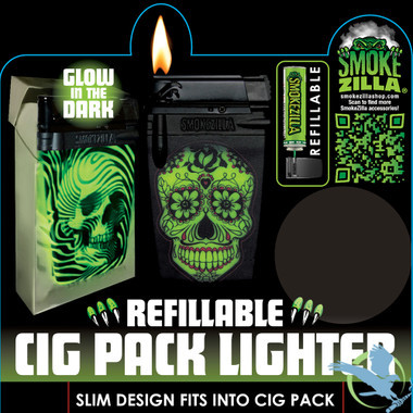 Smokezilla Refillable Cigarette Pack Lighter Glow In The Dark - Assorted Design - Display of 12 [25284]