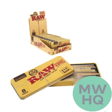 RAW Classic Pre-Rolled 1 1/4 Size Cones - 8 Cones Per Tin - Display of 12 Tins