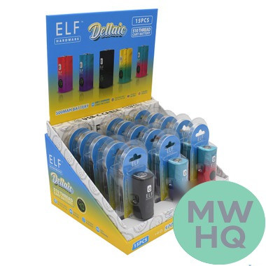 ELF Hardware Deltaic 500mAh VV 510 Cartridge Device Battery With LED Screen & USB Cable - Assorted Colors - Display of 15