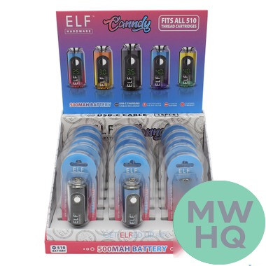 ELF Hardware Canndy 500mAh VV 510 Cartridge Device Battery With LED Screen & USB Cable - Assorted Colors - Display of 15