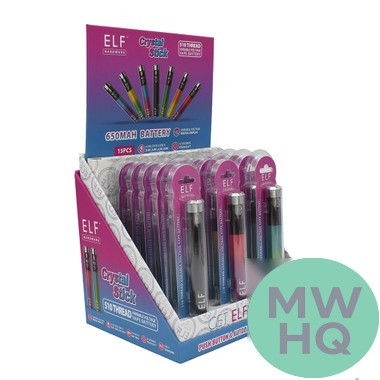 ELF Hardware Crystal Stick 650mAh VV 510 Cartridge Device Pen Battery With Digital Screen & USB Cable - Assorted Colors - Display of 15