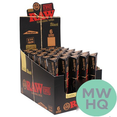 RAW Cone Classic Black Scoop Pack - Pre-Rolled 1 1/4 Size Cones - Pack of 6 - Display of 30 Packs