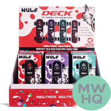 Wulf Mods Deck Skateboard 500mAh 510 Preheat VV Battery - Assorted Colors - Display of 9