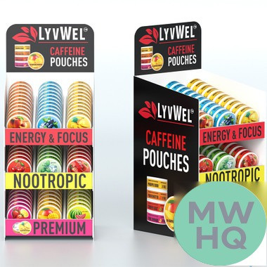 LyvWel Caffeine Nootropic Pouches - 16 Pouches Per Can - Acrylic Display of 90 Cans