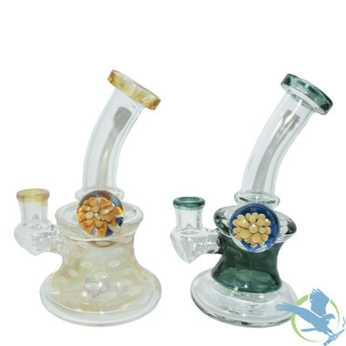 Glass Water Pipe Bent Neck Floral Design With Fixed Downstem - 329 Grams - 7 Inches - Assorted Colors [BI013-014]