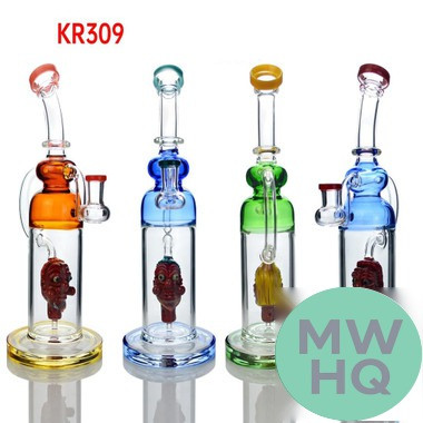 Glass Water Pipe Thick Base With Face Perc + Hand Grip & Bent Neck - 578 Grams - 9.8 Inches - Assorted Colors [KR309]