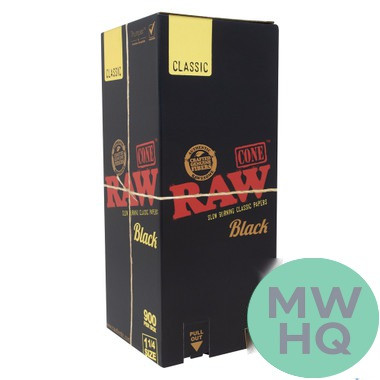 RAW Classic Natural Slow Burning Cone Rolling Papers - 1 1/4 Size - Black Series - Display of 900