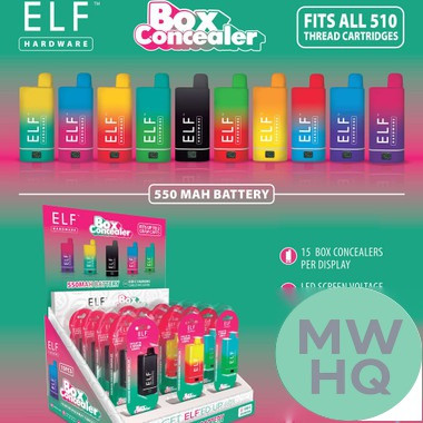 ELF Hardware Box Concealer 550mAh VV Preheat 510 Device Battery With USB-C Cable - Assorted Colors - Display of 15