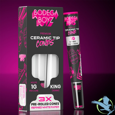 Bodega Boyz King Pre-Rolled Cones With Ceramic Tip - Pack of 3 - Display of 10 Packs - White (Refined Paper)