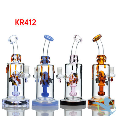Glass Water Pipe Thick Base With Matrix Perc + Dripping Honey with Bees Perc + Honey Dripping On body & Bent Neck - 483 Grams - 10 Inches - Assorted Colors [KR412]