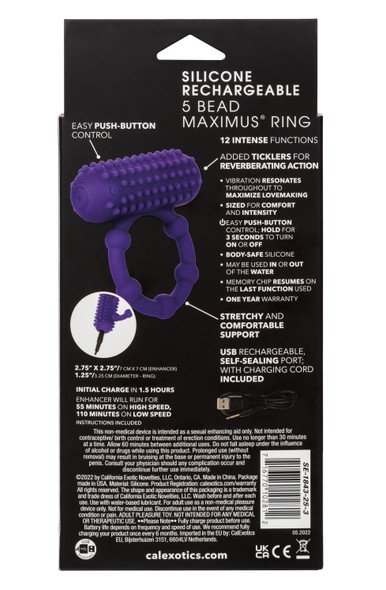 Silicone Rechargeable 5 Bead Maximus Ring - Purple Silicone Rechargeable 5 Bead Maximus Ring - Purple