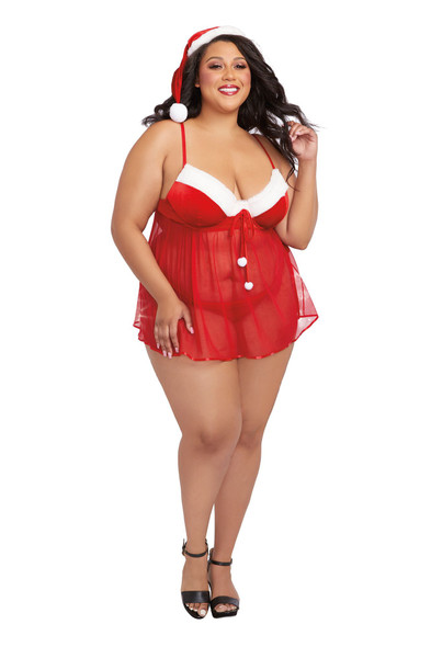 Santa Babydoll, Thong and Hat - 1x - Lipstick Red Santa Babydoll, Thong and Hat - 1x - Lipstick Red
