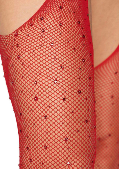 Casey Rhinestone Fishnet Suspender Pantyhose - One Size - Red Casey Rhinestone Fishnet Suspender Pantyhose - One Size - Red