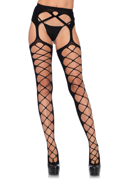 Diamond Net Opaque Stockings with Attached Garter - Black - One Size Diamond Net Opaque Stockings with Attached Garter - Black - One Size