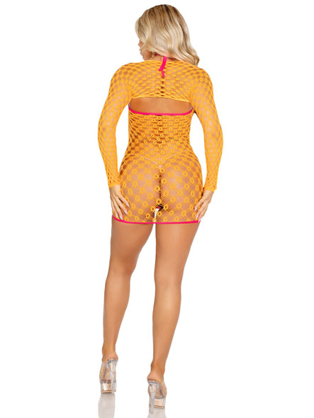 2 Pc Eyelet Net Mini Dress With Tie- Front Keyhole and Shrug O/s - Neon Orange 2 Pc Eyelet Net Mini Dress With Tie- Front Keyhole and Shrug O/s - Neon Orange