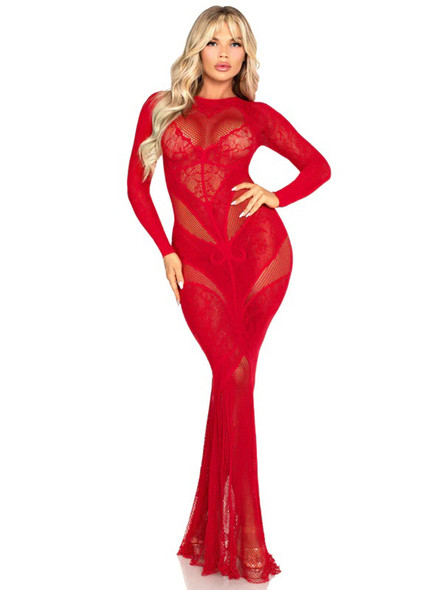 Red Lace and Net Body Con Gown - With Heart Keyhole Detail - Os Red Lace and Net Body Con Gown - With Heart Keyhole Detail - Os