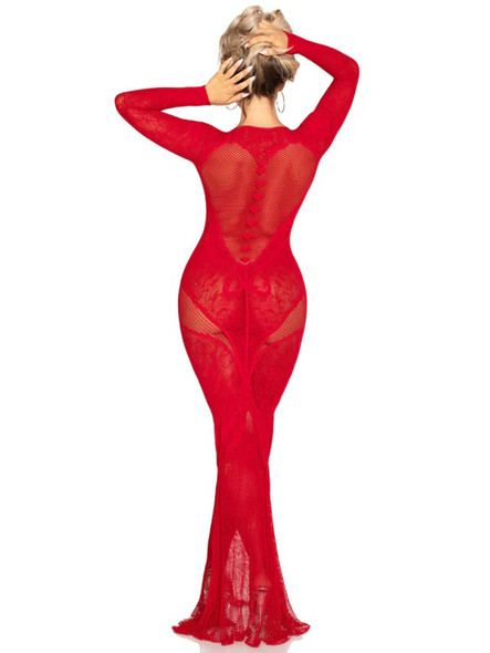Red Lace and Net Body Con Gown - With Heart Keyhole Detail - Os Red Lace and Net Body Con Gown - With Heart Keyhole Detail - Os