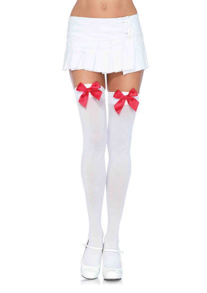 Nylon Over the Knee Socks - White With Red Bow Nylon Over the Knee Socks - White With Red Bow