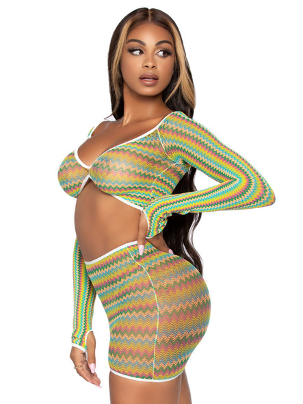 2 Pc Zig Zag Net Crop Top and Mini Dress - One Size - Green 2 Pc Zig Zag Net Crop Top and Mini Dress - One Size - Green