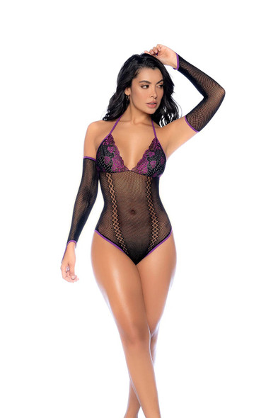 Whispered Lace Fishnet Bodysuit - Os - Black/purple Whispered Lace Fishnet Bodysuit - Os - Black/purple