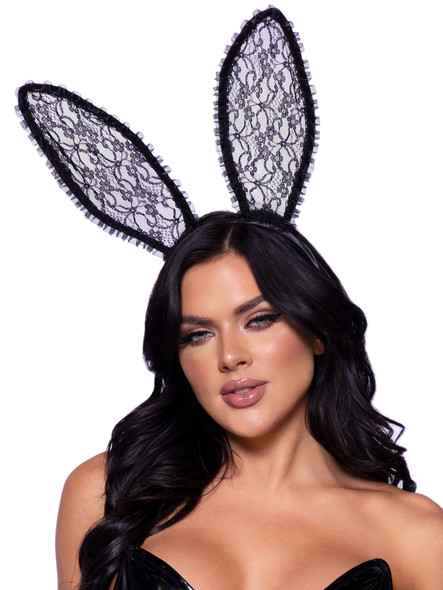 Ruffle Trimmed Bendable Lace Bunny Ears - Black Ruffle Trimmed Bendable Lace Bunny Ears - Black