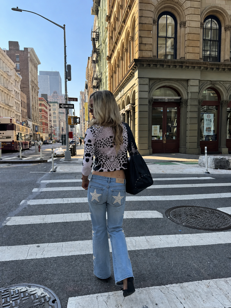 Wide leg jeans with stars on the sides and back blue