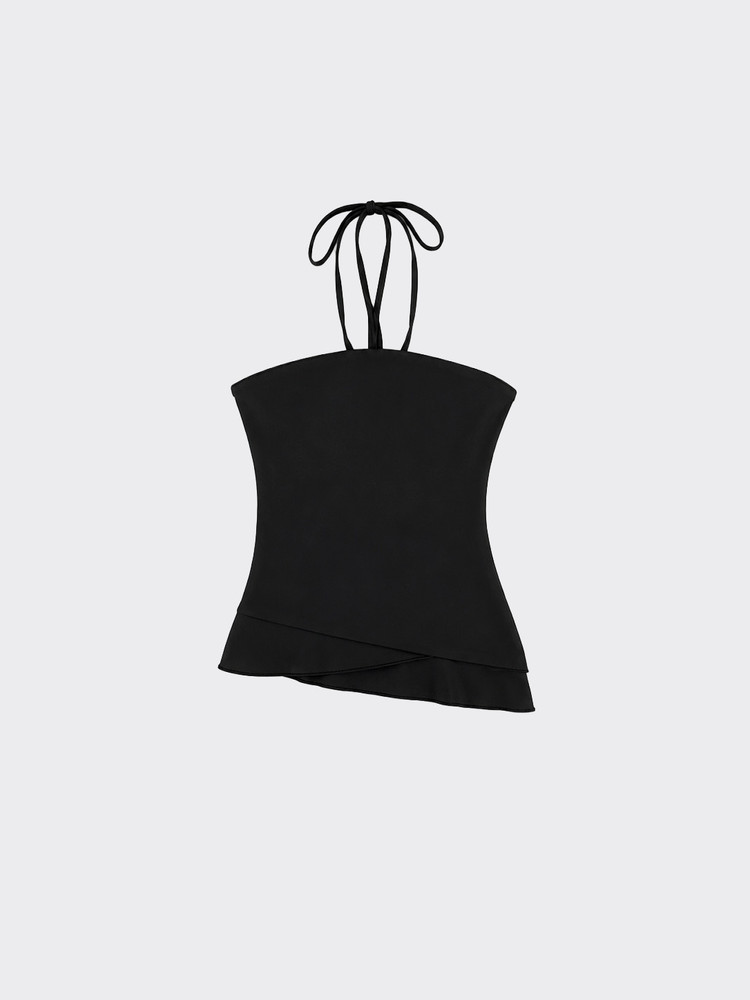 Halter top with pointed hem and ruffles black