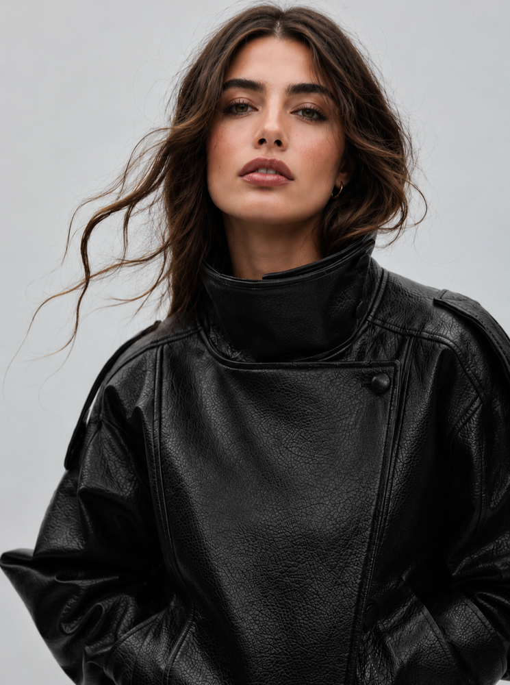 Oversized leather-effect biker jacket Black