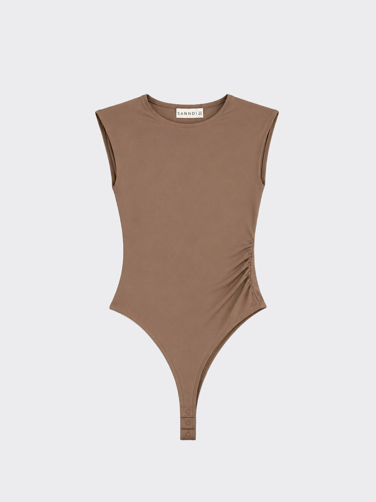 Polyamide bodysuit with runches Camel