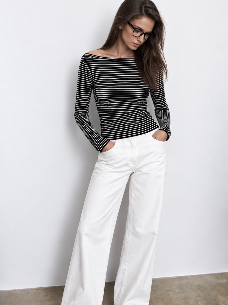 Striped boat neck t-shirt Black