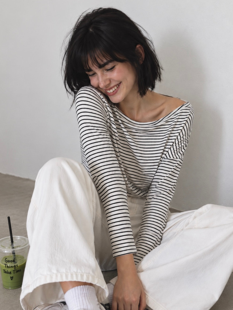 Striped boat neck t-shirt White and Blue