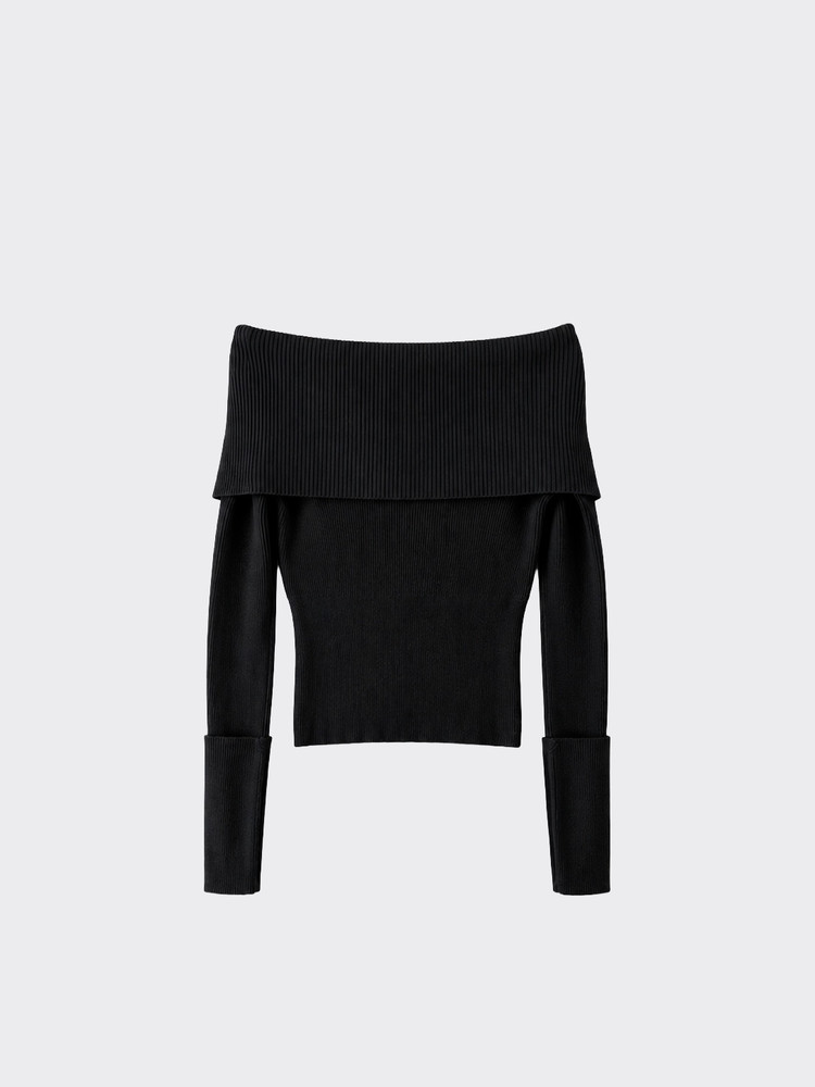 Crop Off-shoulder knit sweater Black