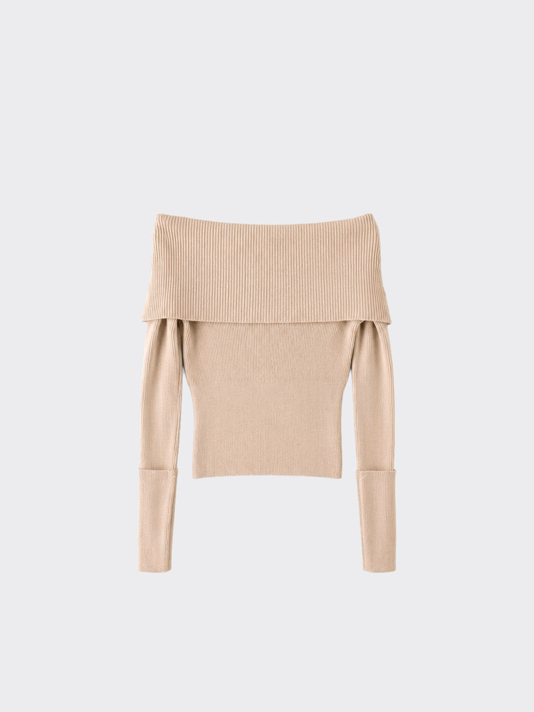 Crop Off-shoulder knit sweater Beige